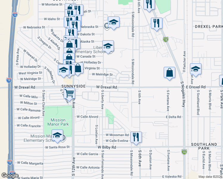 map of restaurants, bars, coffee shops, grocery stores, and more near 203 West Calle Nueva Vida in Tucson