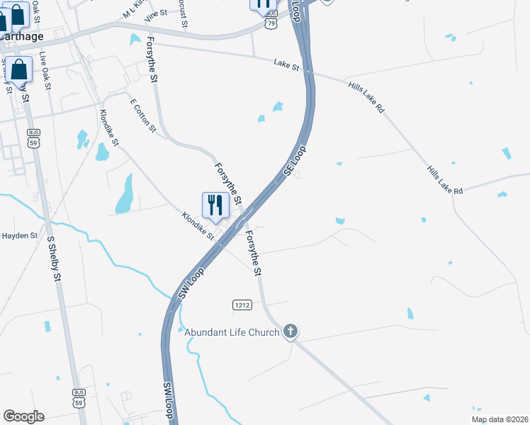 map of restaurants, bars, coffee shops, grocery stores, and more near 2313 U.S. 59 in Carthage