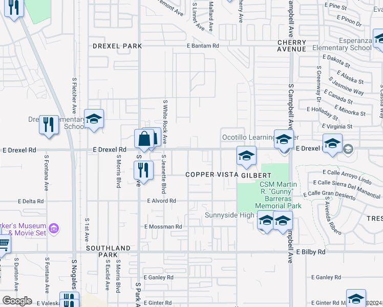map of restaurants, bars, coffee shops, grocery stores, and more near 5721 South Randall Boulevard in Tucson