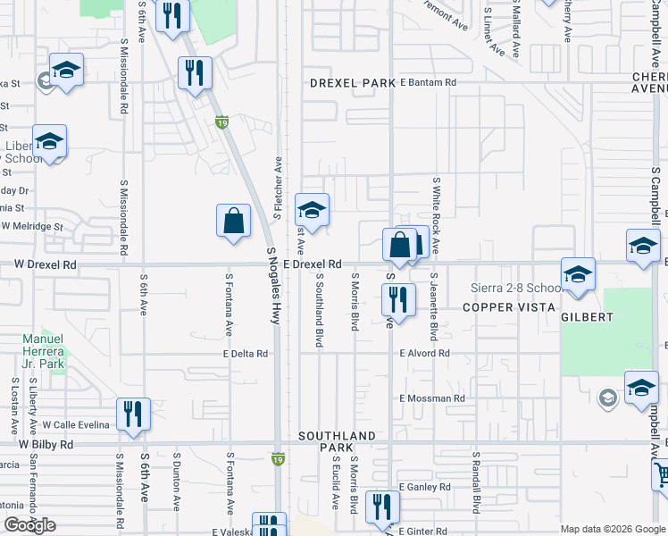 map of restaurants, bars, coffee shops, grocery stores, and more near 5717 South Southland Boulevard in Tucson