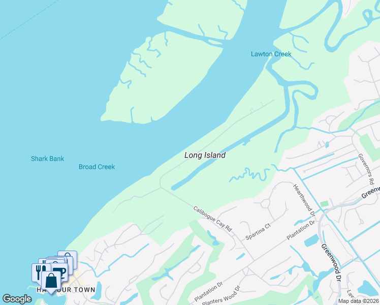 map of restaurants, bars, coffee shops, grocery stores, and more near 18 North Calibogue Cay Road in Hilton Head Island