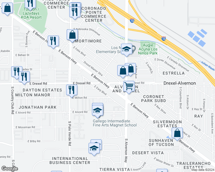 map of restaurants, bars, coffee shops, grocery stores, and more near 3728 East Drexel Road in Tucson