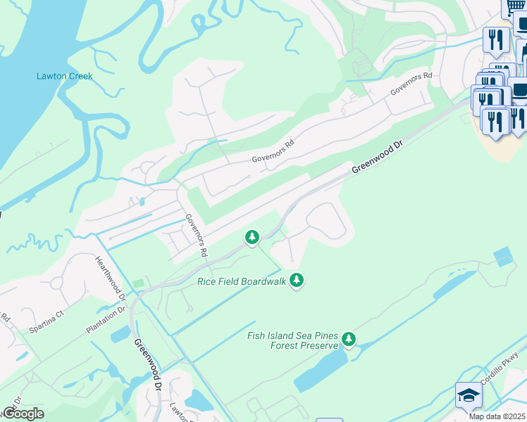 map of restaurants, bars, coffee shops, grocery stores, and more near 24 Governors Lane in Hilton Head Island
