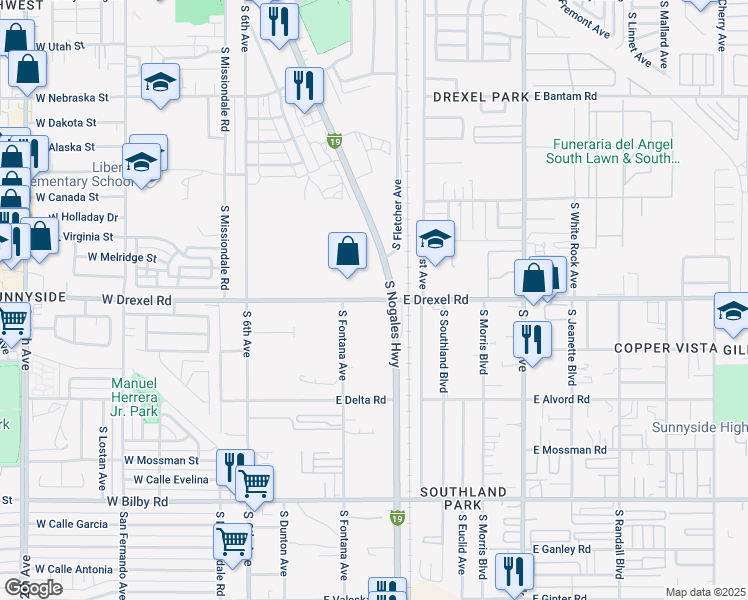 map of restaurants, bars, coffee shops, grocery stores, and more near 3131 East Broadway Boulevard in Tucson
