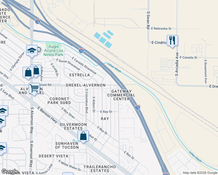 map of restaurants, bars, coffee shops, grocery stores, and more near 5730 South Herpa Drive in Tucson