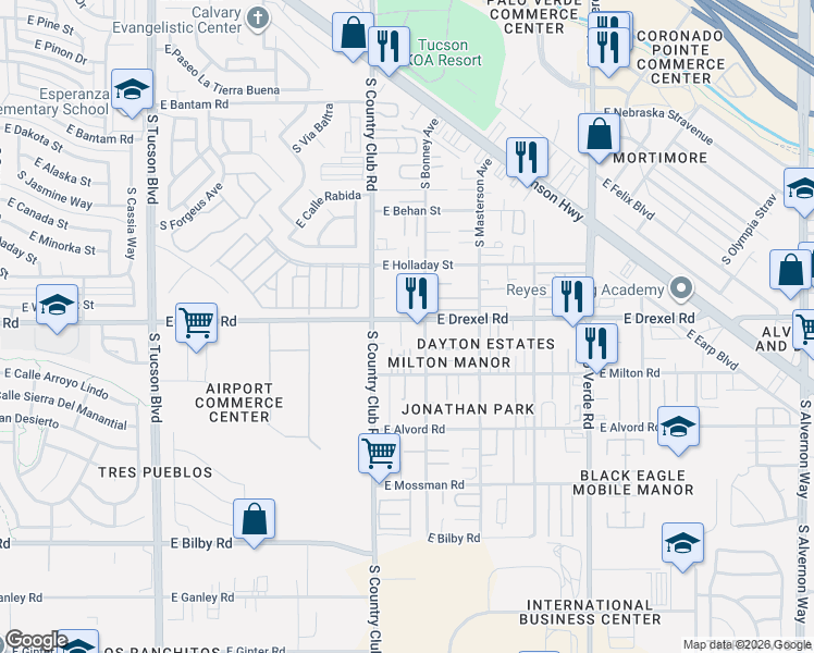 map of restaurants, bars, coffee shops, grocery stores, and more near 3150 East Drexel Road in Tucson