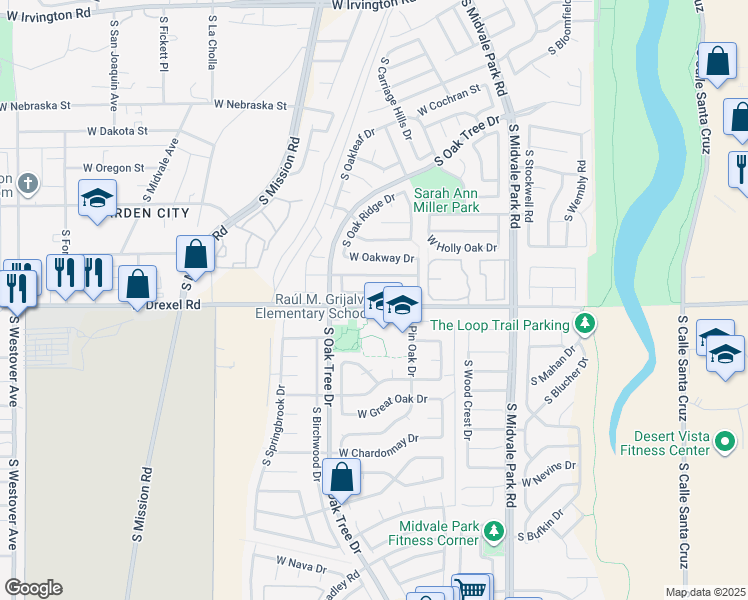 map of restaurants, bars, coffee shops, grocery stores, and more near 1795 West Drexel Road in Tucson
