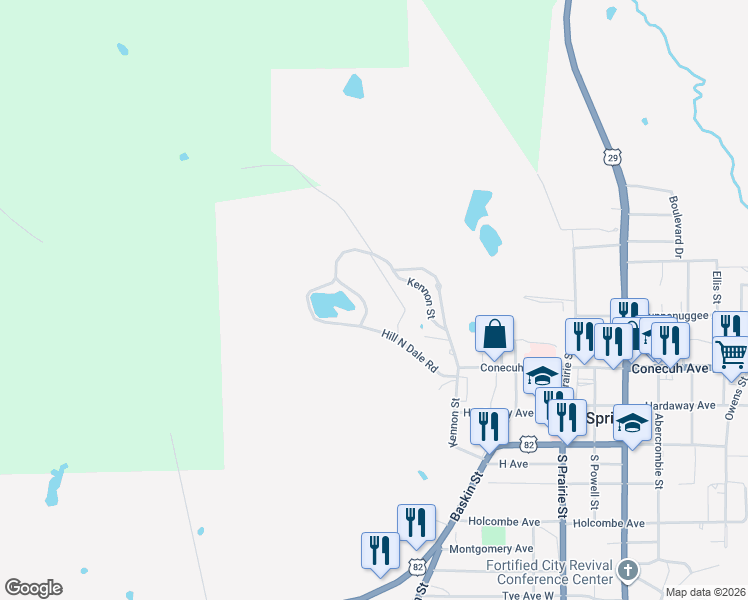 map of restaurants, bars, coffee shops, grocery stores, and more near 425-443 Hill N Dale Road in Union Springs