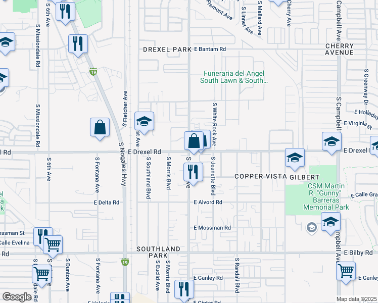 map of restaurants, bars, coffee shops, grocery stores, and more near S Park Ave & E Drexel Rd in Tucson