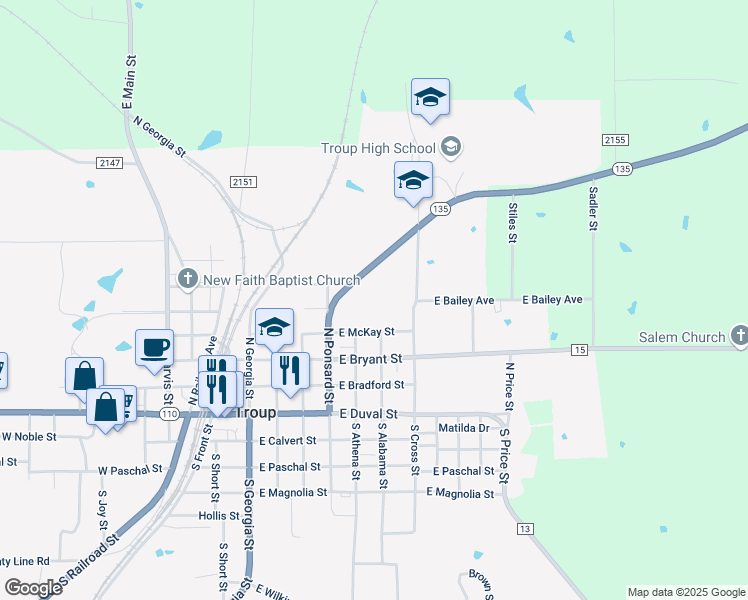 map of restaurants, bars, coffee shops, grocery stores, and more near 601 East McKay Street in Troup