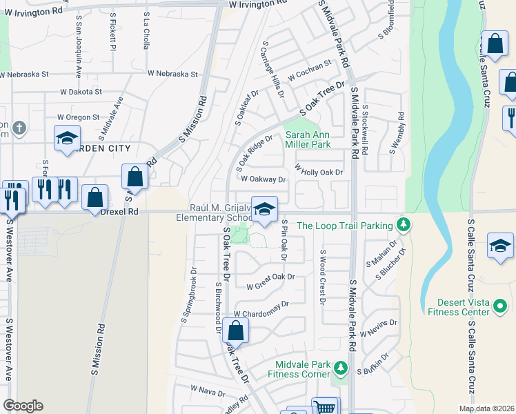 map of restaurants, bars, coffee shops, grocery stores, and more near 1811 West Arroyo Vista Drive in Tucson