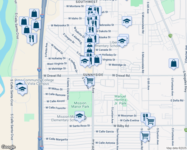 map of restaurants, bars, coffee shops, grocery stores, and more near W Drexel Rd & S 12th Ave in Tucson