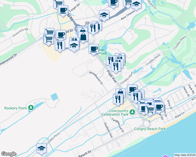 map of restaurants, bars, coffee shops, grocery stores, and more near Woodhaven Drive in Hilton Head Island