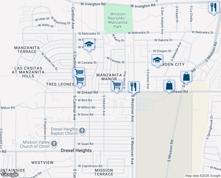 map of restaurants, bars, coffee shops, grocery stores, and more near 2659 West Drexel Road in Tucson
