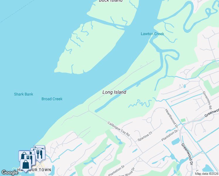 map of restaurants, bars, coffee shops, grocery stores, and more near 33 North Calibogue Cay Road in Hilton Head Island