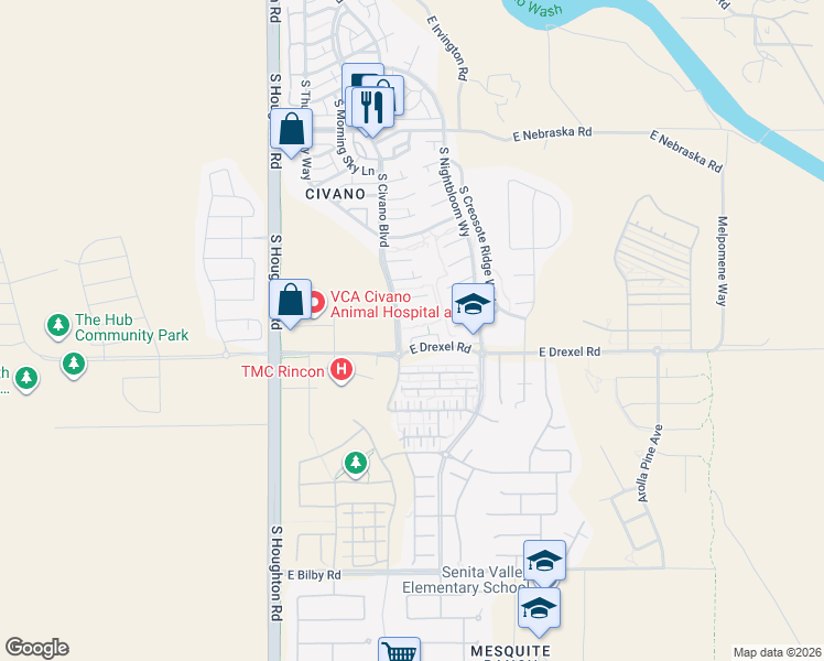 map of restaurants, bars, coffee shops, grocery stores, and more near 10549 East Ralph Alvarez Place in Tucson