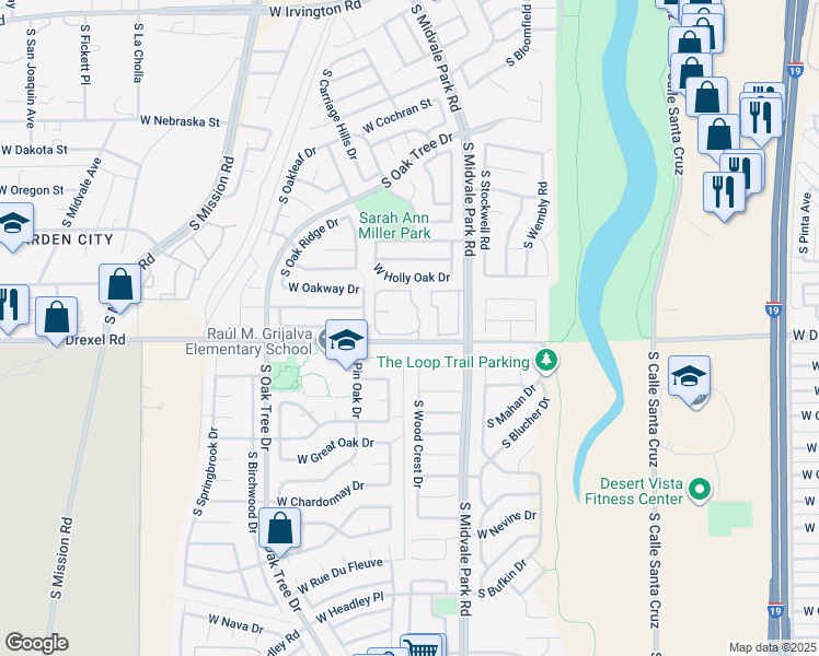 map of restaurants, bars, coffee shops, grocery stores, and more near 5632 South Wood Crest Drive in Tucson