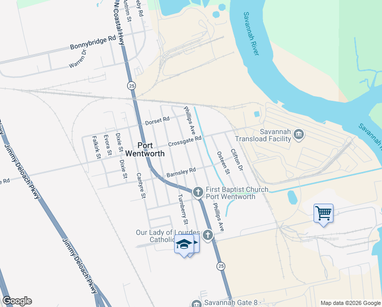 map of restaurants, bars, coffee shops, grocery stores, and more near 210 Commonwealth Avenue in Savannah