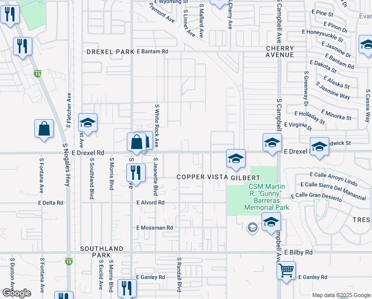 map of restaurants, bars, coffee shops, grocery stores, and more near 1301 East Drexel Road in Tucson