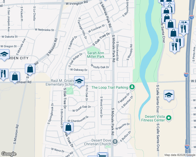 map of restaurants, bars, coffee shops, grocery stores, and more near 5632 South Wood Crest Drive in Tucson