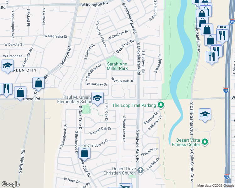 map of restaurants, bars, coffee shops, grocery stores, and more near 1677 West Wood Bridge Court in Tucson