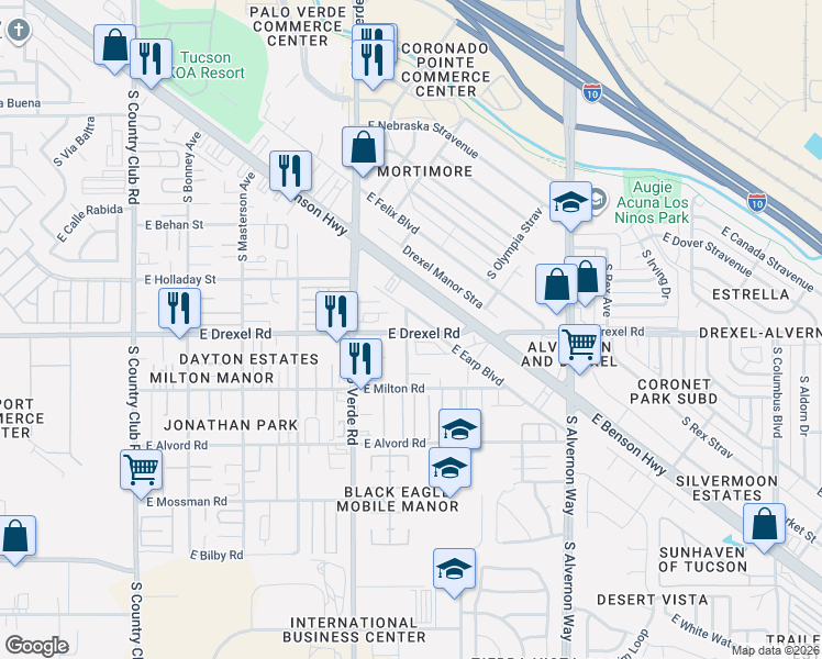 map of restaurants, bars, coffee shops, grocery stores, and more near 5650 South Leslie Avenue in Tucson