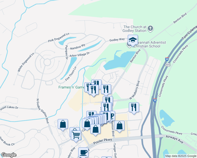 map of restaurants, bars, coffee shops, grocery stores, and more near 1475 Benton Boulevard in Pooler