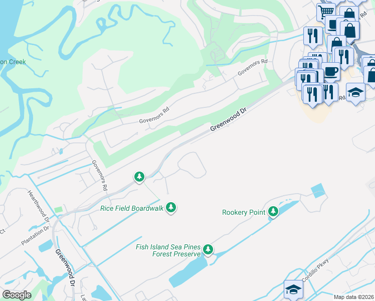 map of restaurants, bars, coffee shops, grocery stores, and more near 42 Governors Lane in Hilton Head Island