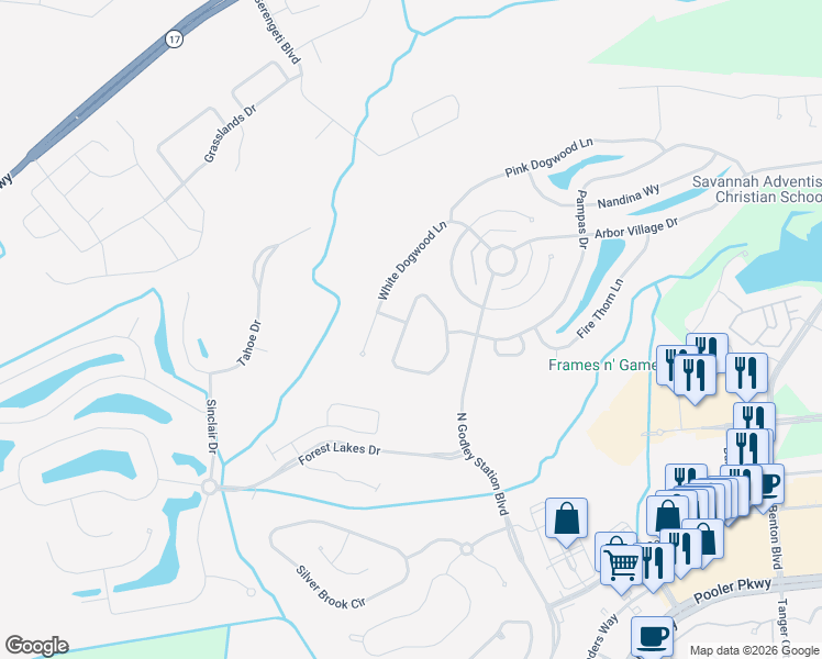 map of restaurants, bars, coffee shops, grocery stores, and more near 125 Carolina Cherry Circle in Pooler