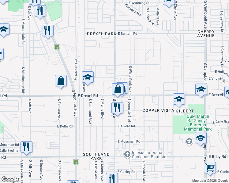 map of restaurants, bars, coffee shops, grocery stores, and more near 5650 South Park Avenue in Tucson