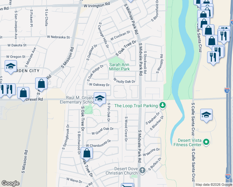 map of restaurants, bars, coffee shops, grocery stores, and more near 5632 South Wood Crest Drive in Tucson