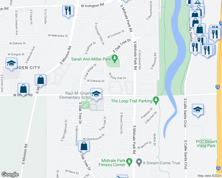 map of restaurants, bars, coffee shops, grocery stores, and more near 1717 West Wood Bridge Court in Tucson