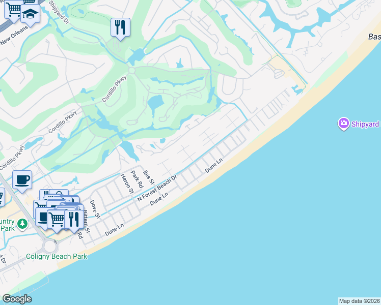map of restaurants, bars, coffee shops, grocery stores, and more near 2 Mallard Road in Hilton Head Island