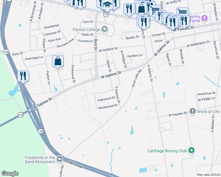 map of restaurants, bars, coffee shops, grocery stores, and more near 106 Belair Street in Carthage