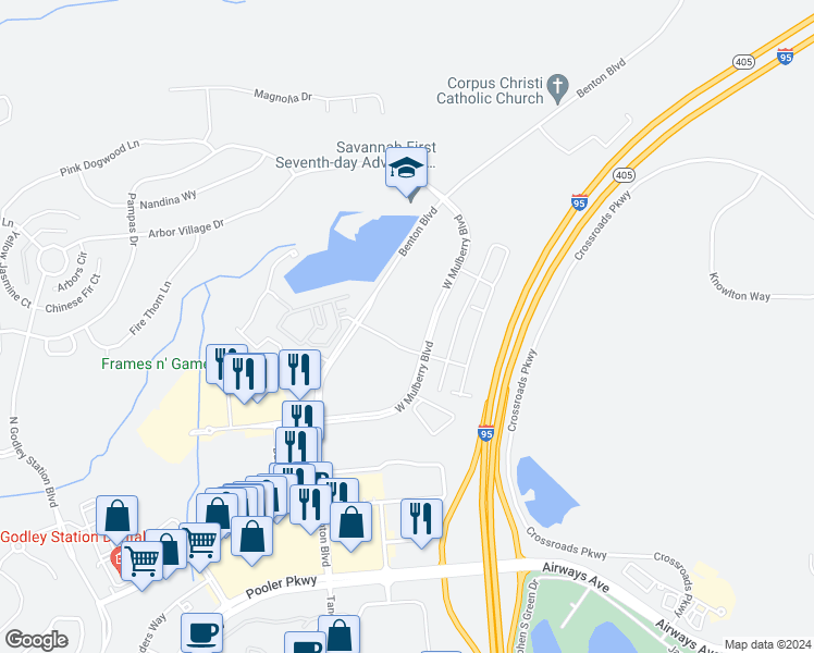 map of restaurants, bars, coffee shops, grocery stores, and more near 1510 Benton Boulevard in Savannah