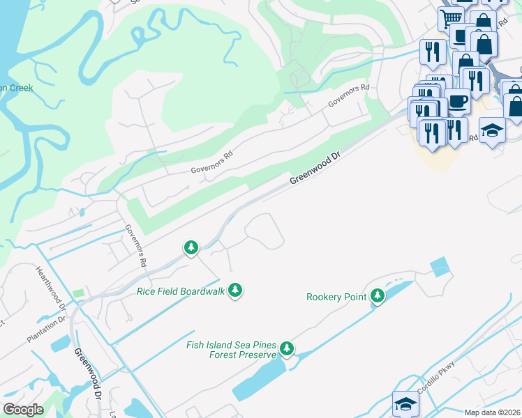 map of restaurants, bars, coffee shops, grocery stores, and more near 42 Governors Lane in Hilton Head Island