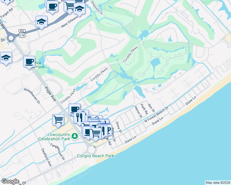 map of restaurants, bars, coffee shops, grocery stores, and more near 12 Valencia Road in Hilton Head Island