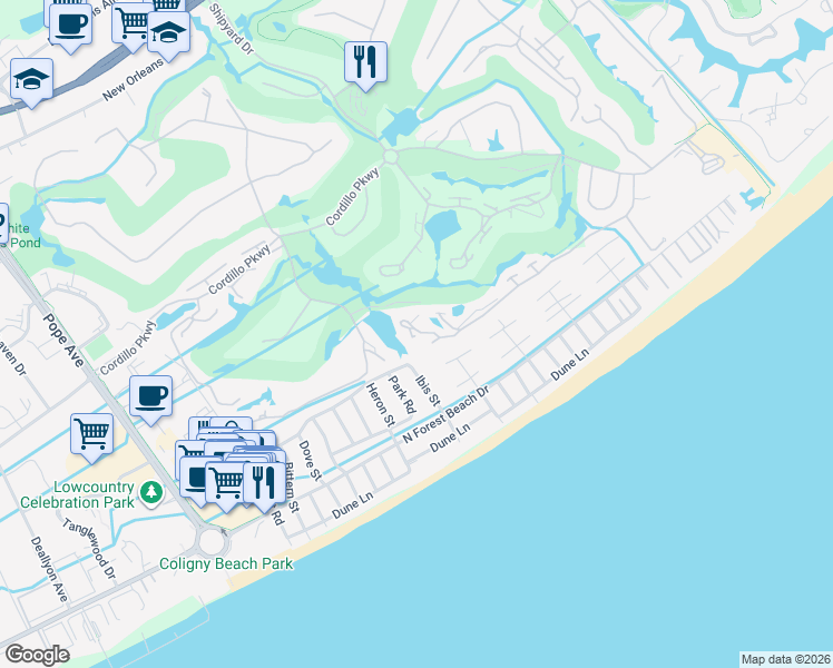map of restaurants, bars, coffee shops, grocery stores, and more near 204 Barcelona Drive in Hilton Head Island
