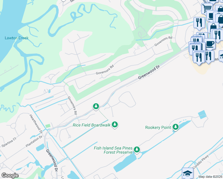map of restaurants, bars, coffee shops, grocery stores, and more near 36 Governors Lane in Hilton Head Island