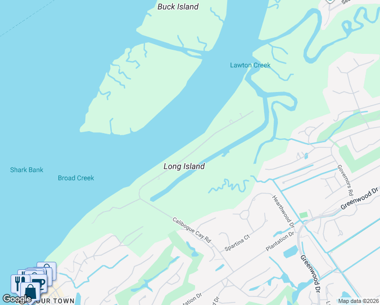 map of restaurants, bars, coffee shops, grocery stores, and more near 33 N Calibogue Cay Rd in Hilton Head Island