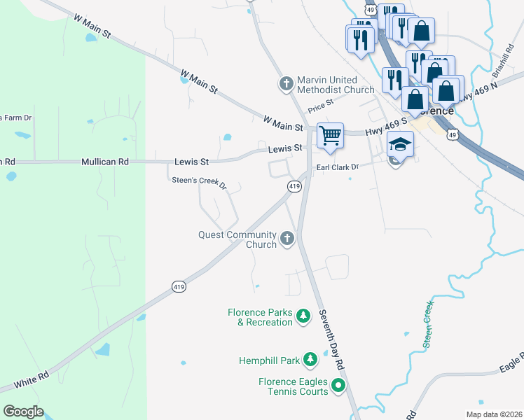 map of restaurants, bars, coffee shops, grocery stores, and more near 214 White Road in Florence