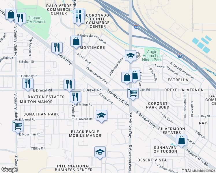map of restaurants, bars, coffee shops, grocery stores, and more near 3722 Drexel Manor Stravenue in Tucson