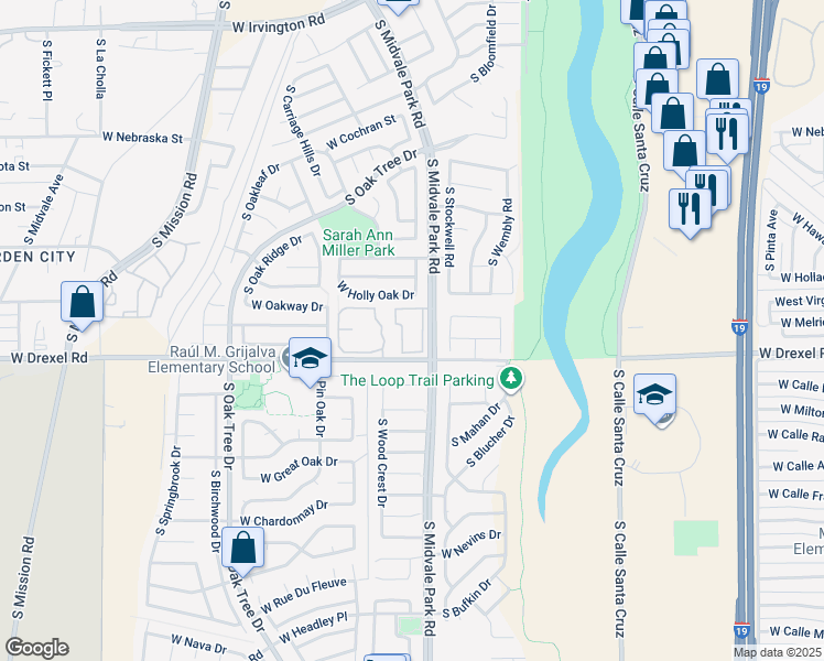 map of restaurants, bars, coffee shops, grocery stores, and more near 1653 South Midvale Park Road in Tucson