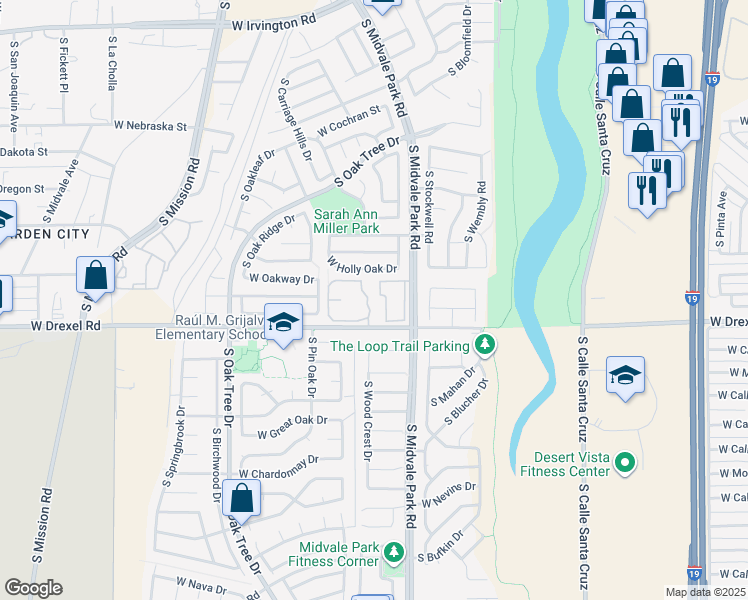 map of restaurants, bars, coffee shops, grocery stores, and more near 1653 South Midvale Park Road in Tucson