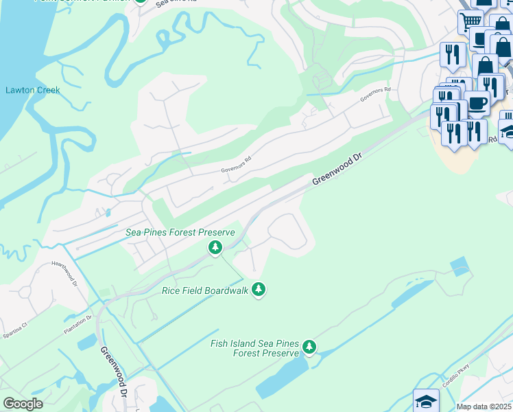 map of restaurants, bars, coffee shops, grocery stores, and more near 36 Governors Lane in Hilton Head Island