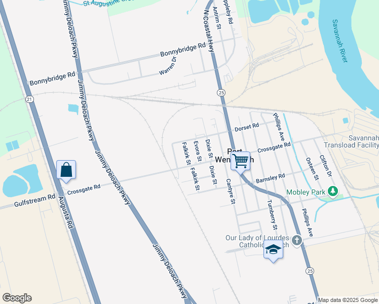 map of restaurants, bars, coffee shops, grocery stores, and more near 107 Evora Street in Savannah
