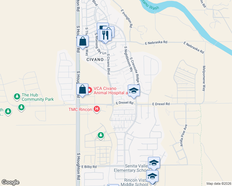 map of restaurants, bars, coffee shops, grocery stores, and more near 10549 East Ralph Alvarez Place in Tucson