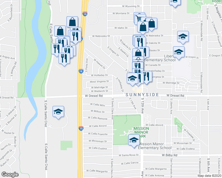 map of restaurants, bars, coffee shops, grocery stores, and more near 802 West Wedwick Street in Tucson