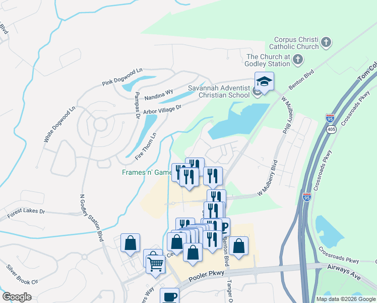 map of restaurants, bars, coffee shops, grocery stores, and more near 1515 Benton Boulevard in Pooler