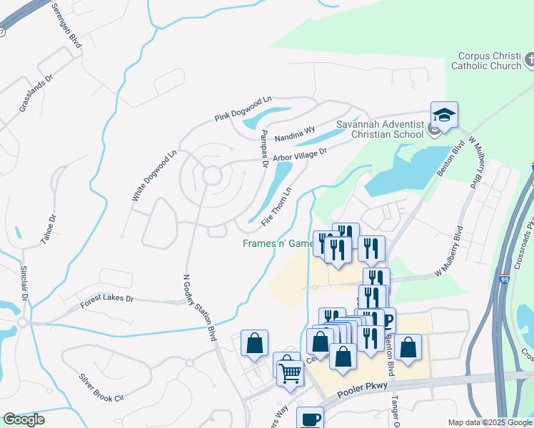 map of restaurants, bars, coffee shops, grocery stores, and more near 124 Fire Thorn Lane in Pooler